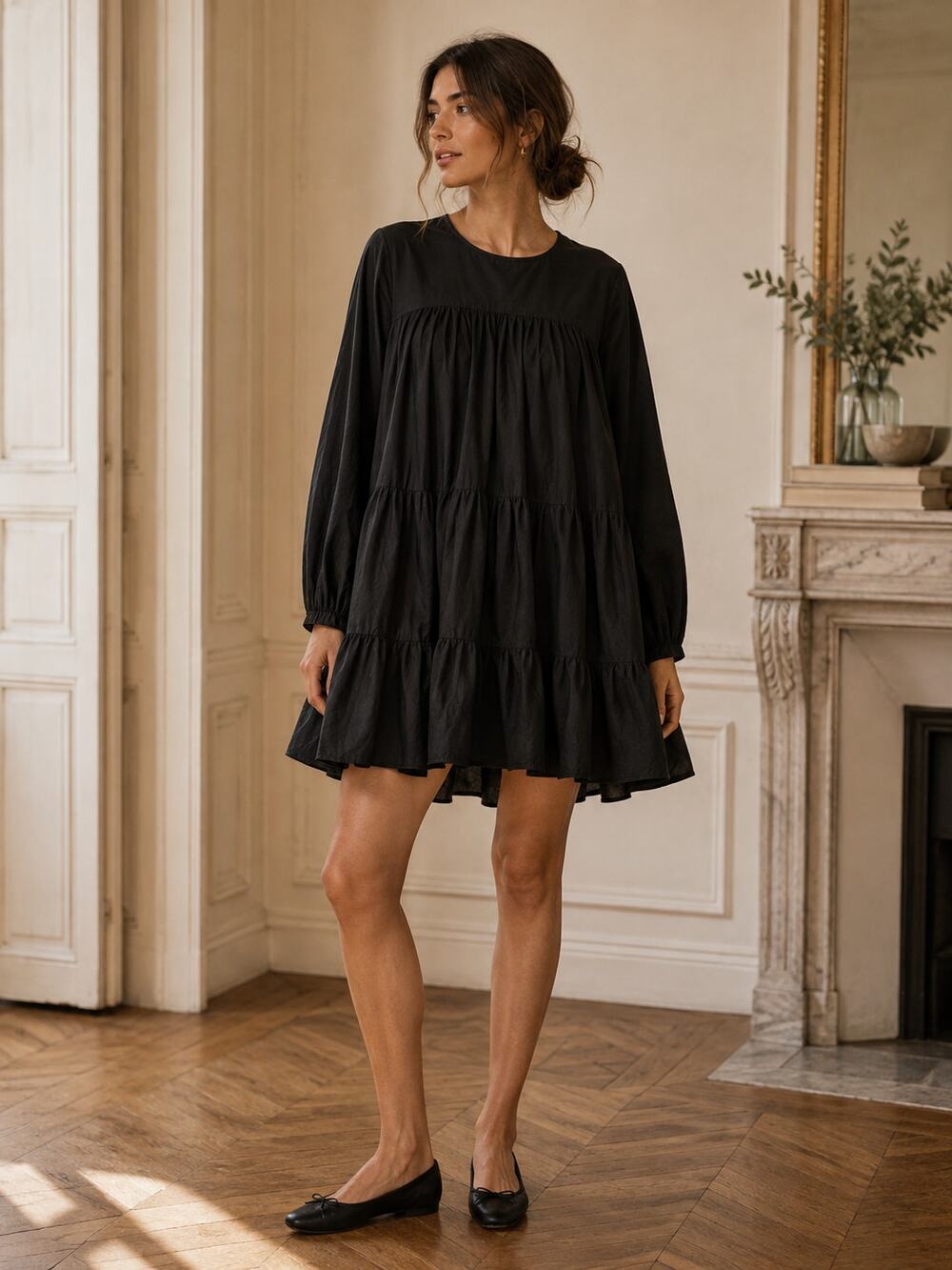 Merlette Soliman Mini Dress L Black Cotton Tiered Long Sleeve Swing Designer